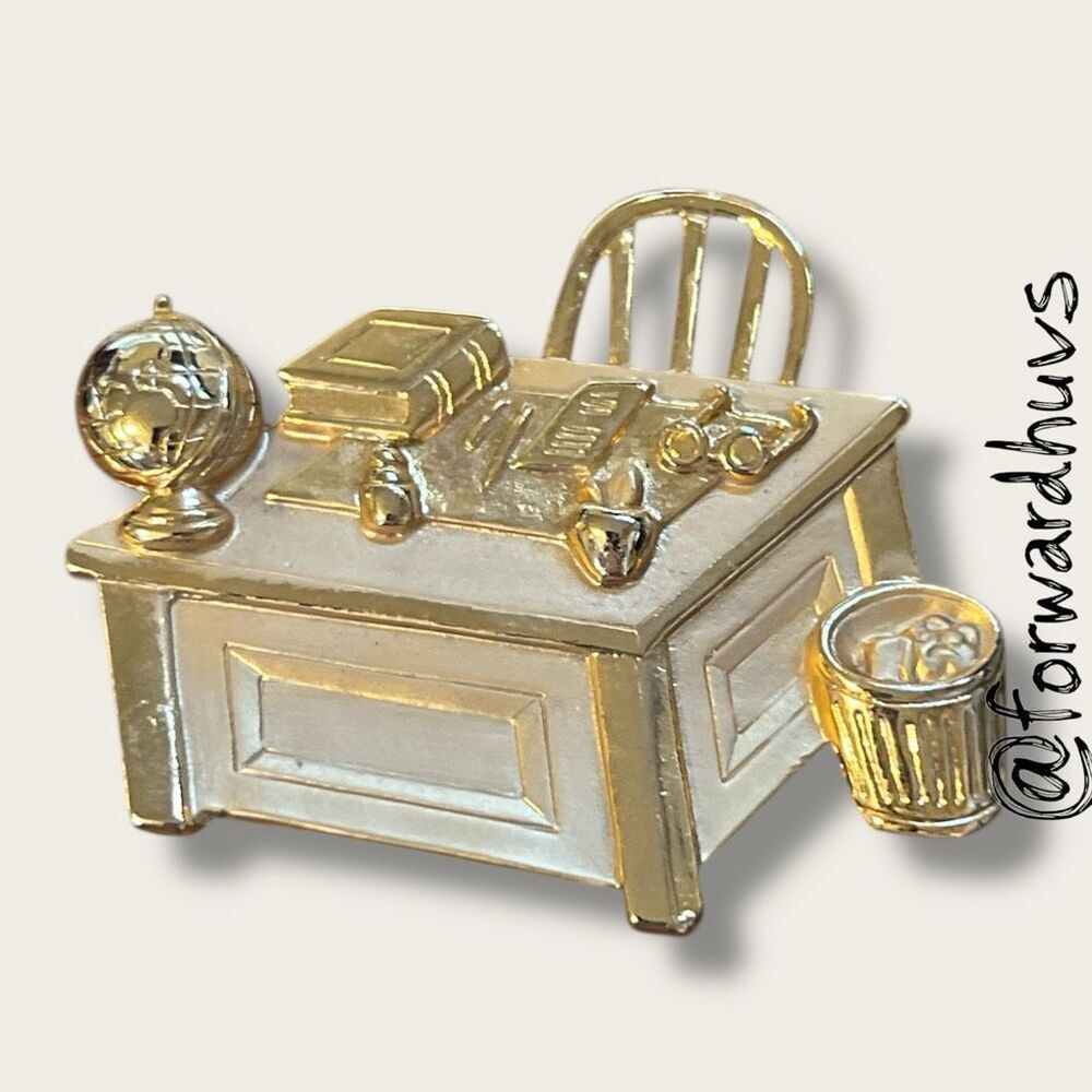 Vintage JJ Teacher’s Desk Pin – Gold Tone Miniature with Globe, Books & Apple